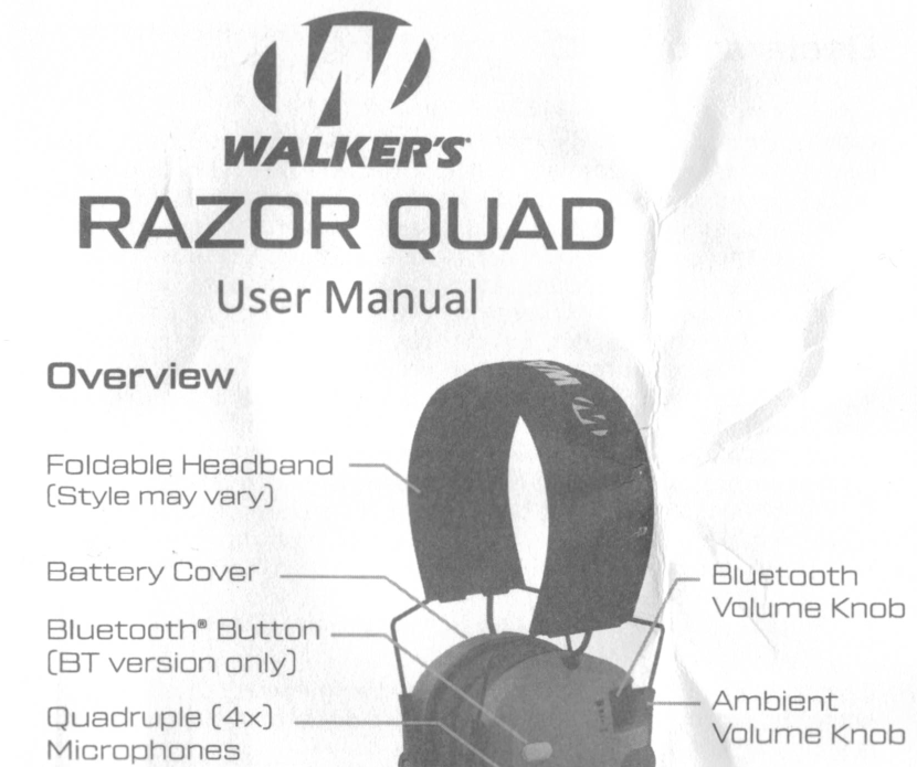 Walker's Razor Quad controls diagram showing the foldable headband, battery cover, Bluetooth button, Bluetooth volume knob, ambient volume knob, and quadruple microphones